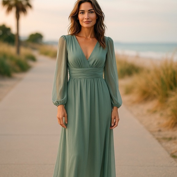 JJs House Green Long Sleeve V-Neck Gown - Picture 1 of 16